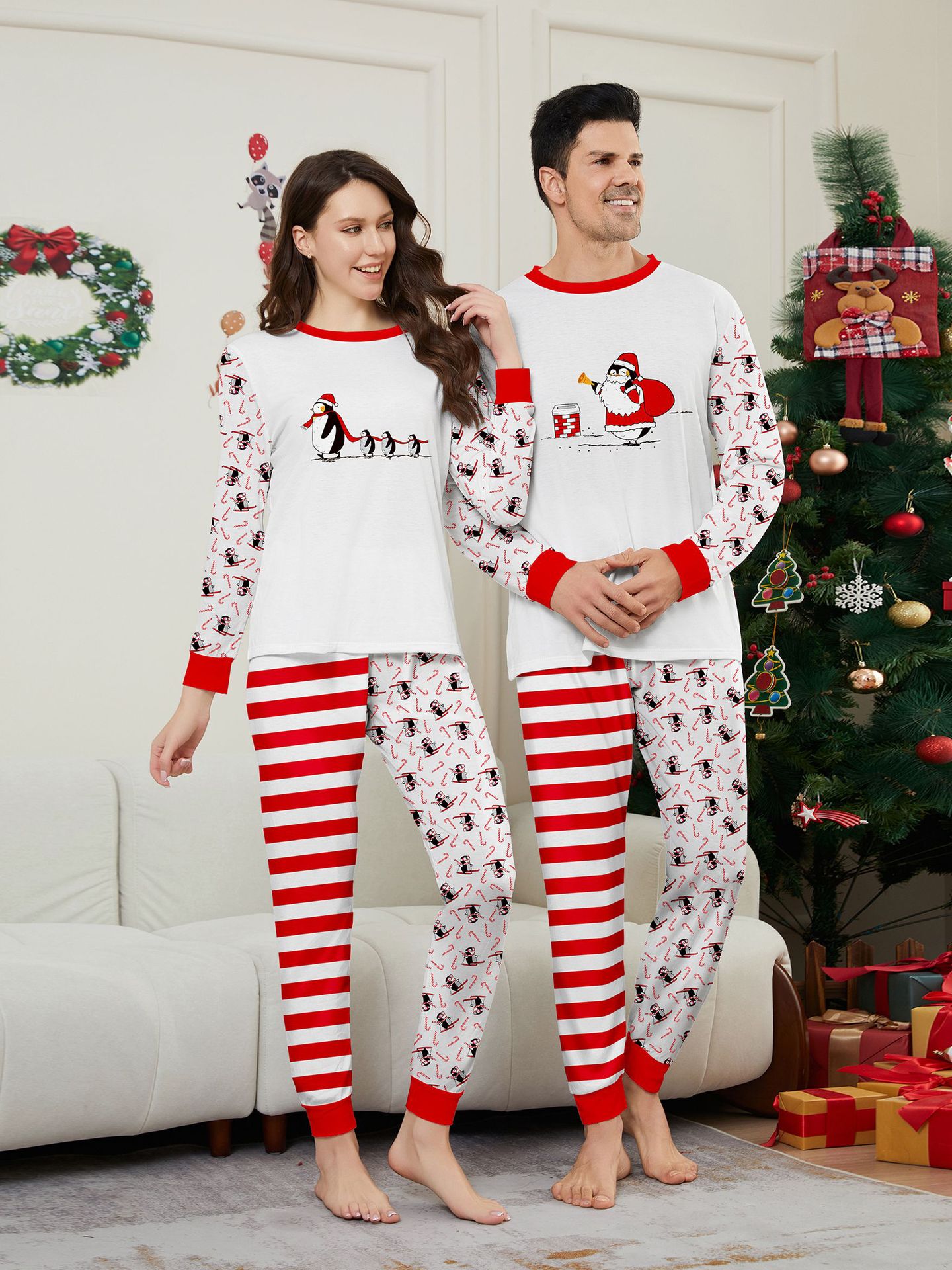 Kerst Pinguïn Candy Cane gestreepte Kerst Familie pak bedrukte homewear pyjama_voghion.com
