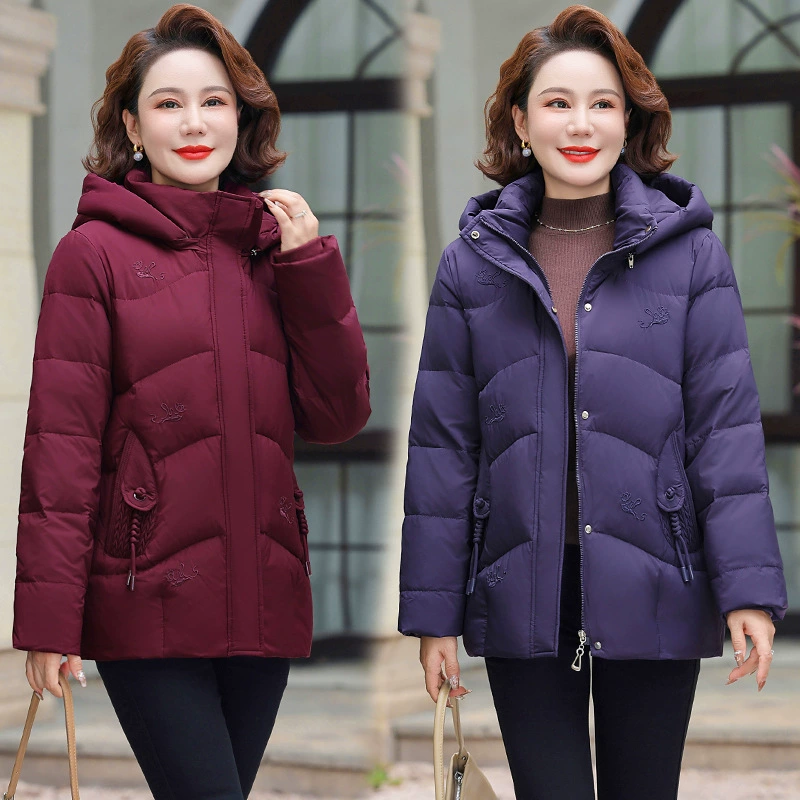 Мама пуховик женский зимний 2024 новый теплая белая утка бархат простой толстый плюс пальто съемная шляпа