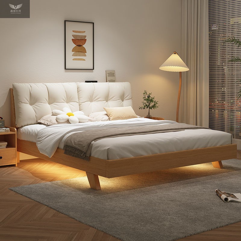 Cama de madera sólida nórdica pequeña habitación de alquiler de lujo ligero simple cama individual de 1,2 m casa 2 m cama principal doble cama grande