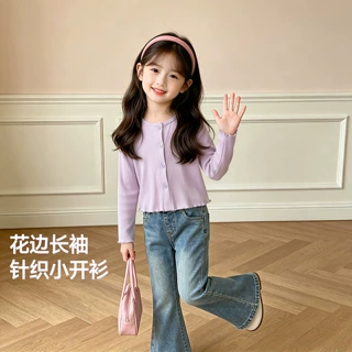 女童针织开衫秋款女孩秋季毛衣外套女宝宝甜美可爱花边长袖秋装