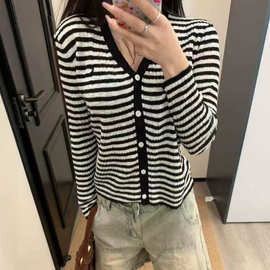 原版可扫码RL拉夫v领撞色条纹针织开衫女百搭显瘦单排扣上衣新款