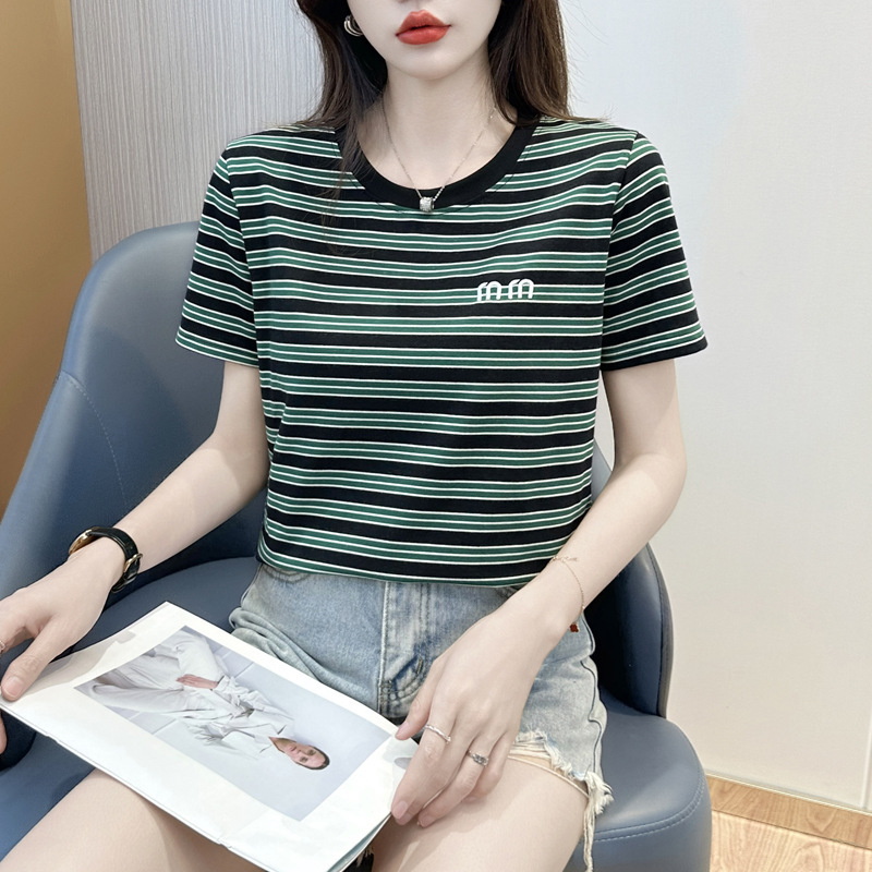 203~条纹t恤圆领宽松短袖女装夏季2025年半袖上衣|undefined