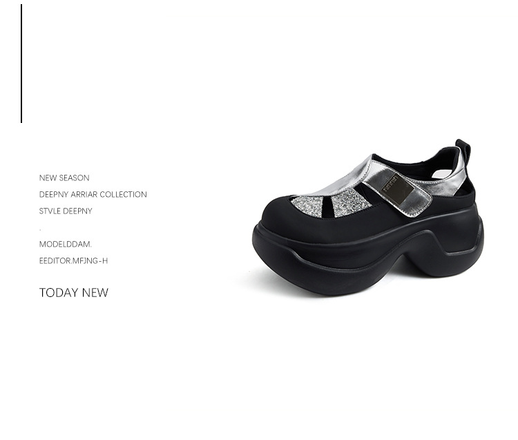 Giày sandal cao gót nữ đính sequin và đá rhinestone, đế dày độn cao, mũi bao da thật kiểu La Mã rỗng — Màu đen, Màu trắng be, Màu bạc chi tiết 9