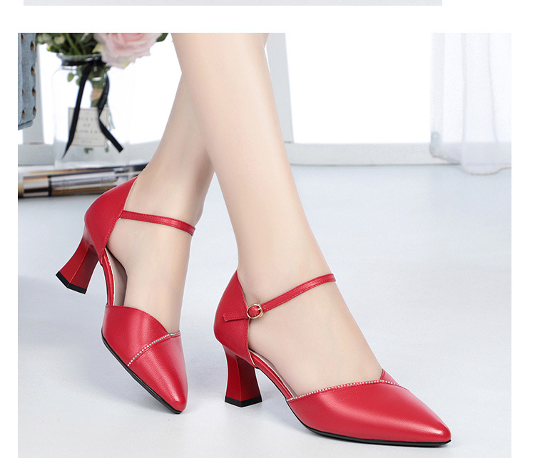 Sandal quai ngang da thật gót vuông mũi nhọn cho nữ, giày cao gót hở mũi kiểu dáng sang trọng — Màu be chi tiết 18
