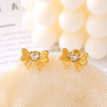 跨境新款爱心褶皱蝴蝶结微镶钻玻璃石耳钉简约气质不锈钢镀金耳饰