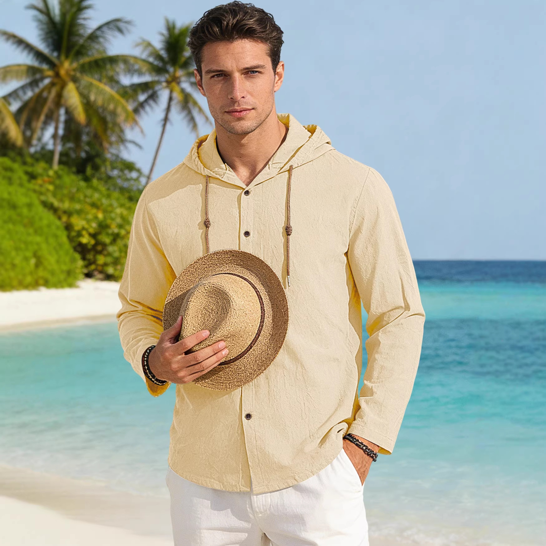 Nuova t-shirt con cappuccio primavera/estate 2026 per il commercio transfrontaliero, maglia casual a maniche lunghe da uomo in cotone e lino a tinta unita._voghion.com