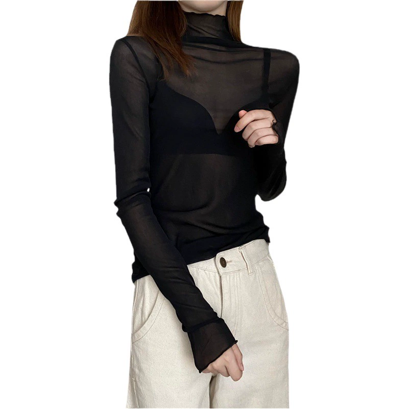 Узкая водолазка с высоким воротом внутри, кружевная нижняя рубашка с длинными рукавами, Женский Топ из тонкой сетки, осенне-зимняя черная марлевая рубашка с деревянными ушками, женская