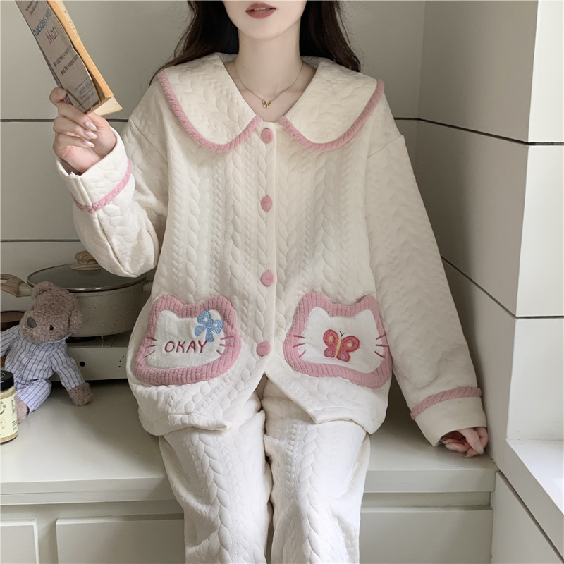 Pajamas for Women in Autumn and Winter Long-Sleeved Thickeneded Air Cotton Sandwich Sweet and Cute Doll Collar Cardigan Style Home Wear Set