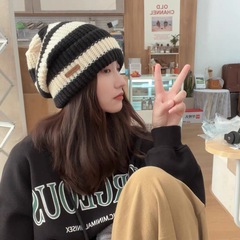 日系针织帽百搭堆堆帽条纹字母宽松大头围毛线帽子女秋冬天保暖