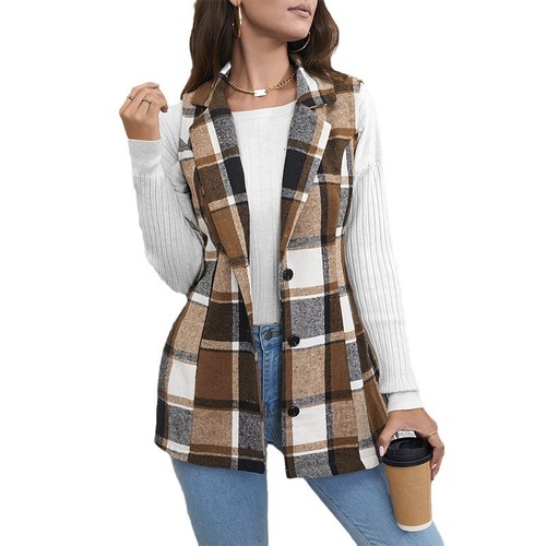 Cross-border foreign trade women's jacket European and American plaid vest 2025 spring elegant style versatile sleeveless single-breasted cardigan