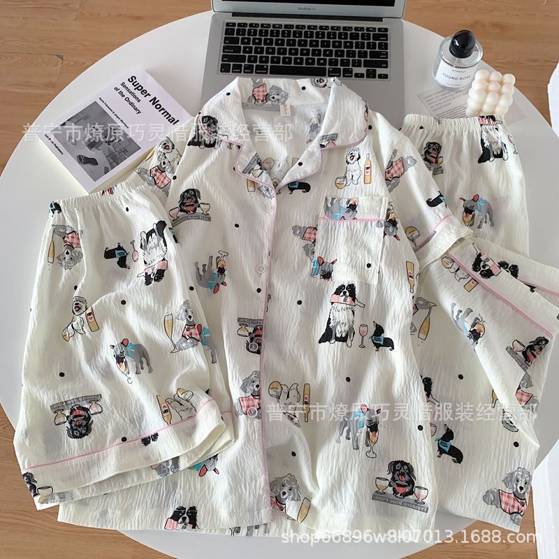 Hermosos pijamas de tela de rabu mujeres primavera y otoño verano nubes de algodón dulce mangas cortas pantalones cortos de tres piezas ropa para el hogar