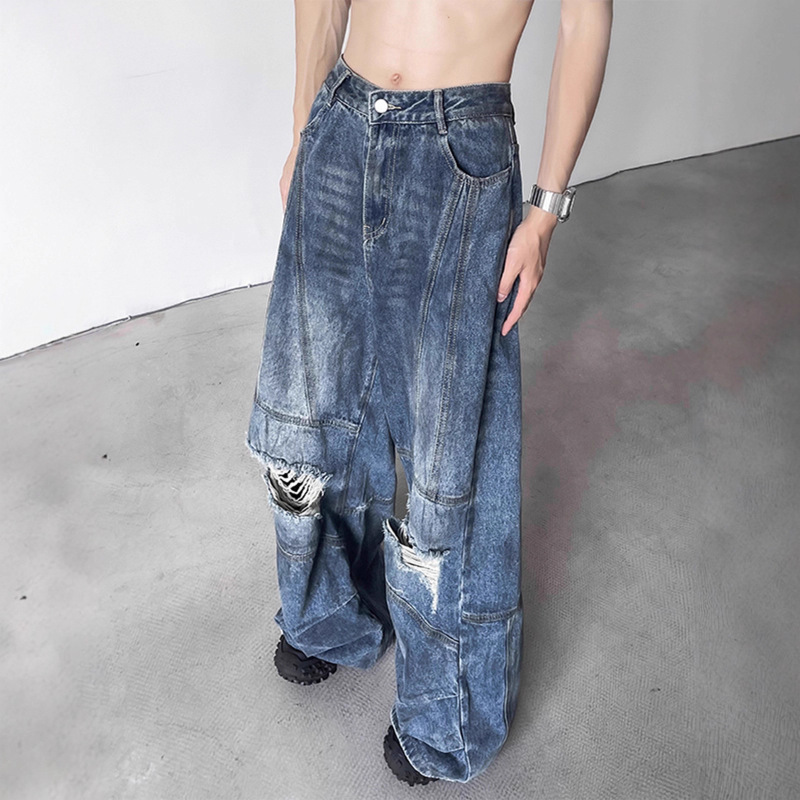 Vintage American-Style Ripped Pleated Washed Jeans New Loose Bf Lazy Style American Street Floor-Length Pants