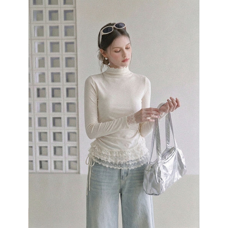 Lace ruffle trim half-high collar long-sleeve T-shirt for women, autumn and winter, fleece-lined, warm, base layer, thick top Lace ruffle trim half-high collar long-sleeve T-shirt for women, autumn and winter, fleece-lined, warm, base layer, thick top