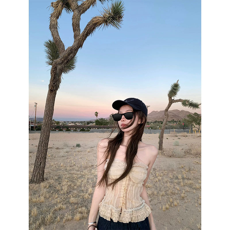 Yuyureal Sunlight Soft Gauze One-Shoulder Lace Tube Top Women's Summer Slimming Look Sleeveless Top