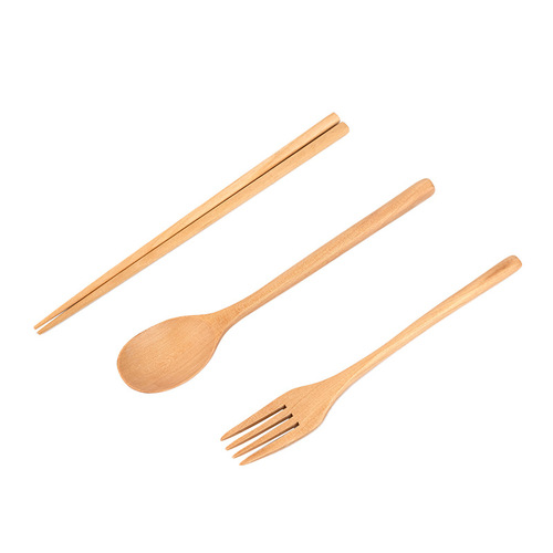 Japanese-style lotus wood spoon, fork and chopstick three-piece set student portable wooden tableware set wooden spoon wooden chopsticks wooden fork
