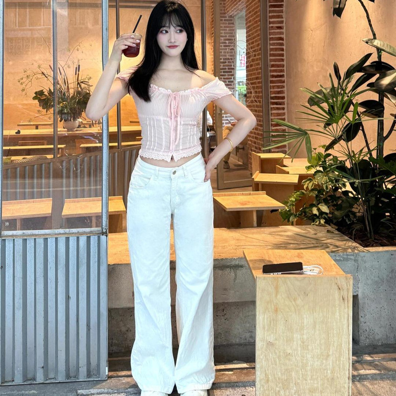 Pure Lust Style Lace Splicing Lace-Up Short-Sleeved Shirt for Women in Summer, Super Nice Pleated Waist Short Off-Shoulder Top