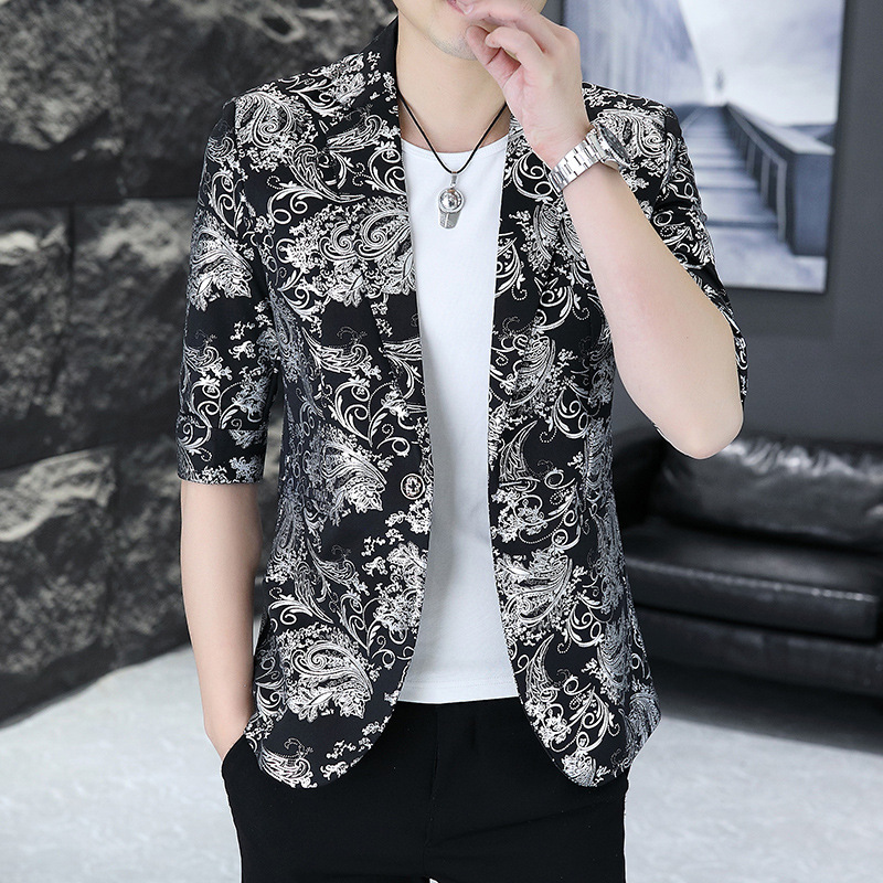 Seven-point Sleeve Suit Men's Casual Korean-style Host Printed Mid-sleeve Suit Trendy Slim-fit Half-sleeve Performance Jacket