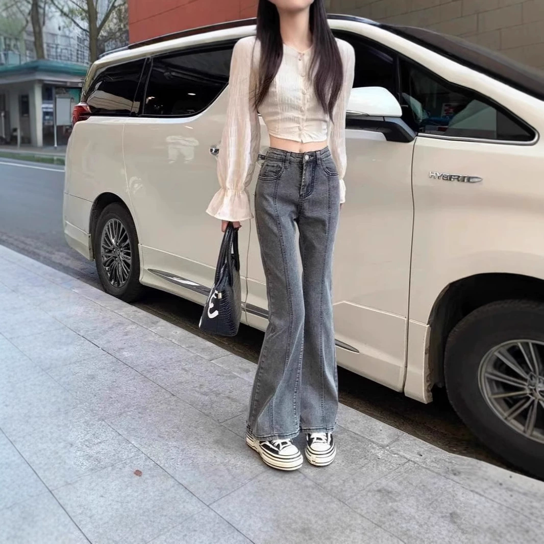 Серые джинсы женский 2025 новый горячий дизайн девушка чувство ниша высокая талия тонкая труба брюки High Street Chao ins