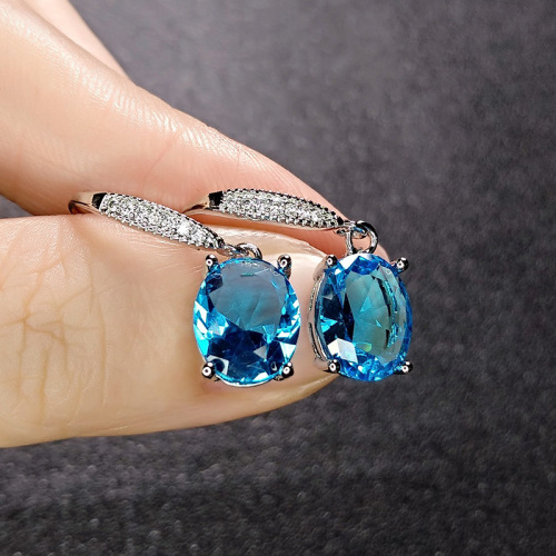 Cross-border supply wholesale imitation aquamarine ear hooks temperament egg-shaped sapphire earrings inlaid with zircon aquamarine ear hooks