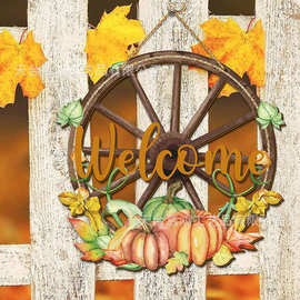 跨境 temu爆款家居装饰 秋季车轮南瓜欢迎木质标志创意装饰牌