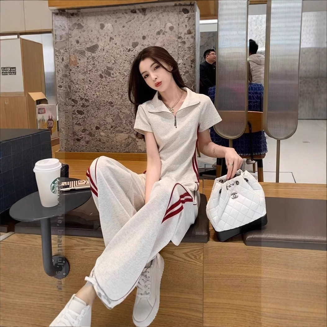Fashion Suit for Women Summer New Korean Style Foreign Style Age-Reducing Polo Collar Top Casual Sports Wide-Leg Pants Two-Piece Set