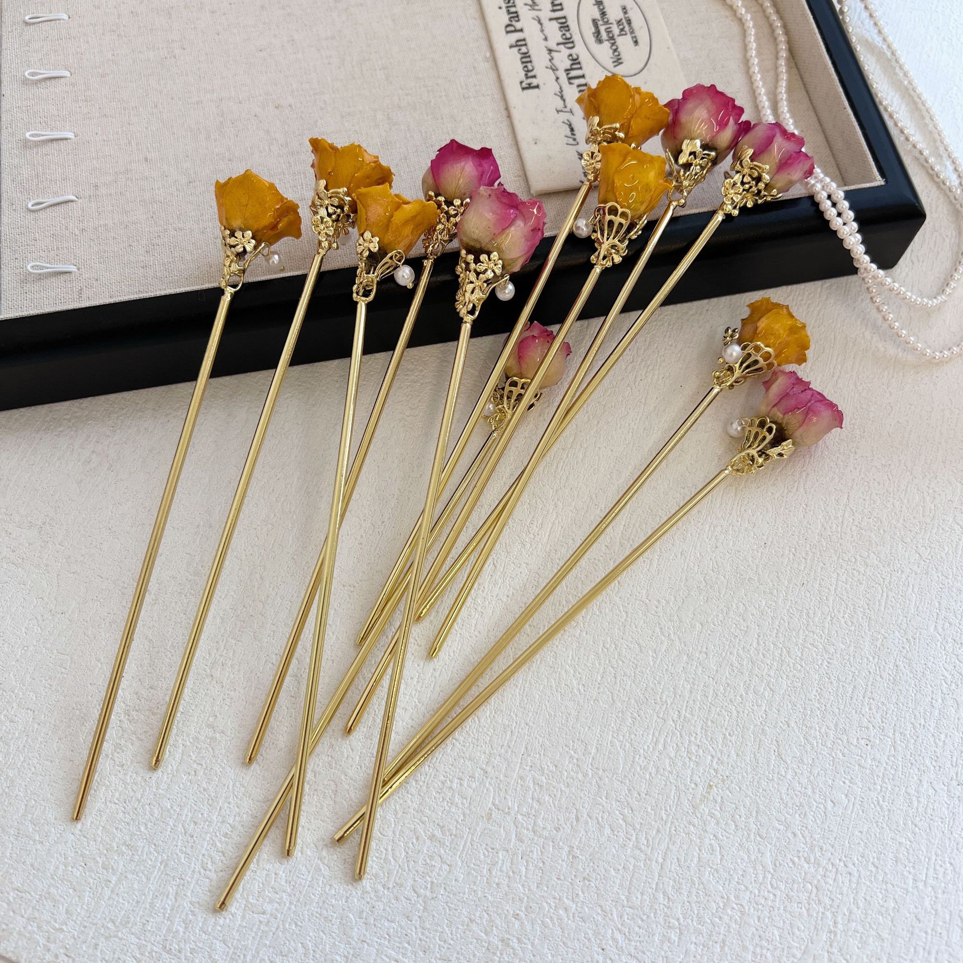 珍珠玫瑰~氛围感浪漫复古干花珍珠发簪高级感小众仙气盘发簪子