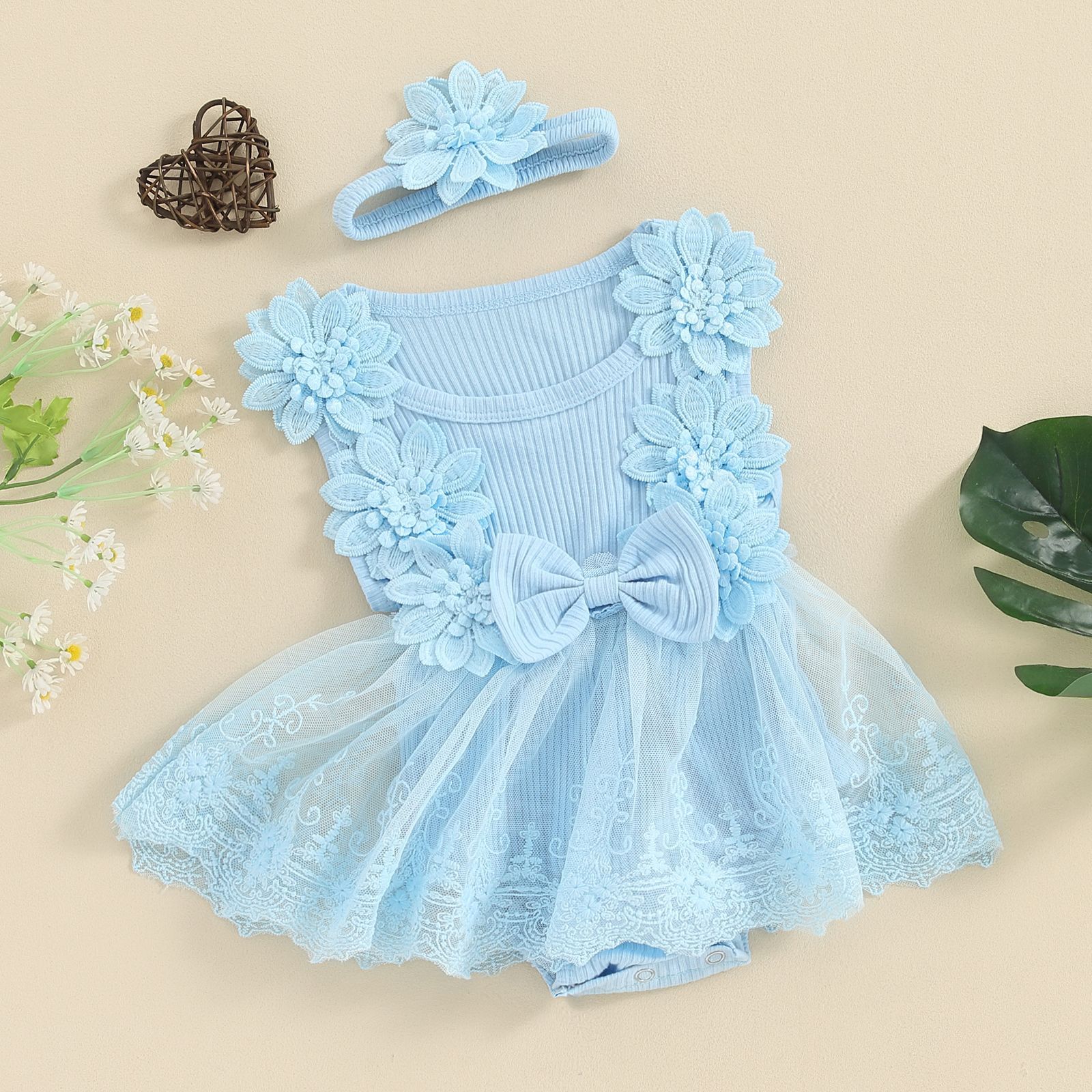 Cute Solid Color Flower Bow Knot Cotton Baby Rompers display picture 8