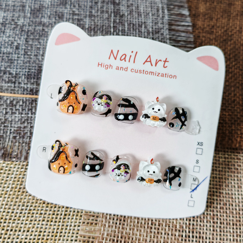 Halloween Pumpkin House Children's Wearable Nails Purely Handmade Children's Anti-Bite Nails Girls' Manicure 3-6-11 Years Old