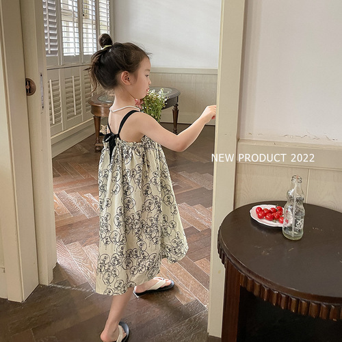 Emoobeibei Children's Summer Vacation Wind Dress for Girls and Babies, Stylish Full Print with Large Skirt Straps Beach Dress