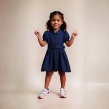 夏季女中童翻领纯色连衣裙外贸儿童校服裙子女孩衬衣款短袖裙子