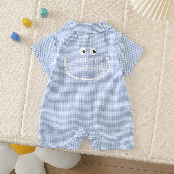 Summer Romper, Summer Blue Plaid Baby One-Piece Romper, Thin Style for Boys and Girls, Baby Romper with Smiley Face and Reverse Collar, Short Romper