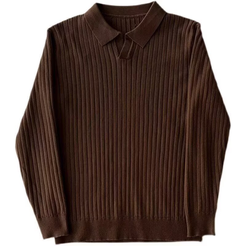 Men's Long Sleeve Polo Shirt Autumn Style Solid Color Striped Trendy Simple Sporty Fitness Lapel Knit Sweater_viptrois.com
