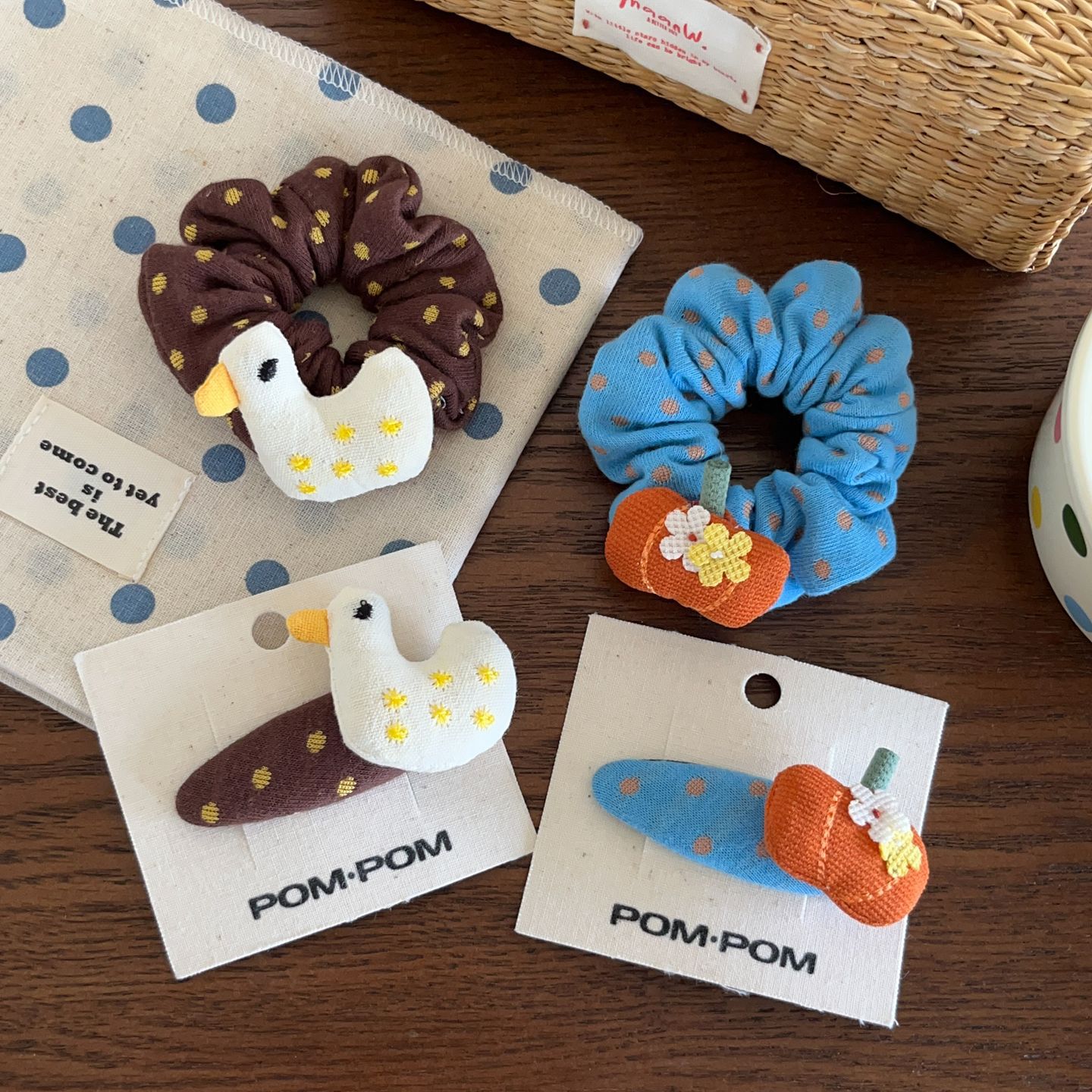Cute pumpkin and little yellow duck knitted hair ties, hair clips, fun polka dot cartoon snap clips, scrunchies, hair ropes, and hair accessories