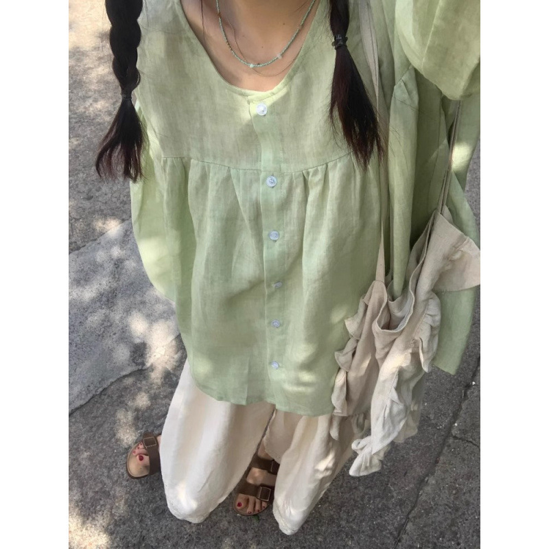 Cotton and Linen Long-Sleeved Shirt for Women Summer Thin Sun Protection Cardigan Outer Shirt Round Neck Loose Babydoll Jacket Top Cotton and Linen Long-Sleeved Shirt for Women Summer Thin Sun Protection Cardigan Outer Shirt Round Neck Loose Babydoll Jacket Top