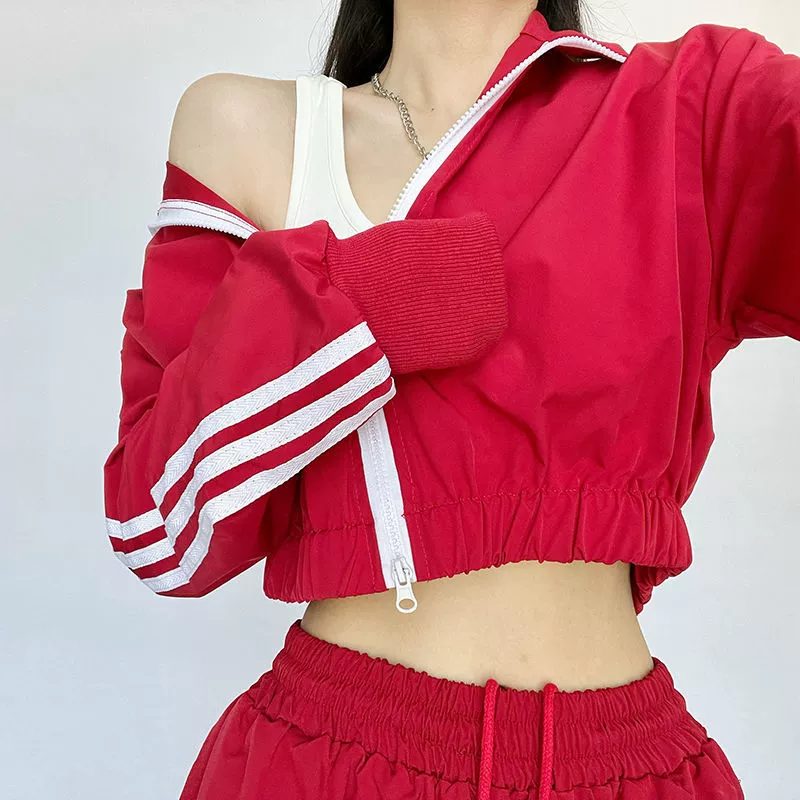 Уличная спортивная короткая куртка в стиле горячей девушки с тремя полосками и длинными рукавами для женщин, ретро-толстовка с воротником-стойкой, короткий топ