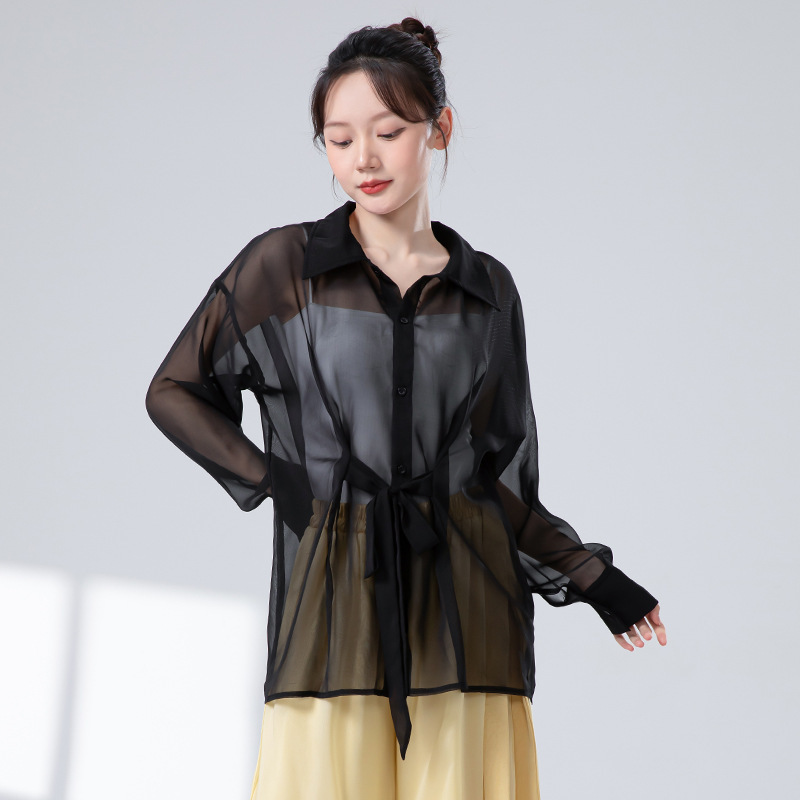 女性用モダンダンス練習服、女性用新作レースアップ日焼け止めシャツ、軽くて薄いカーディガン、エレガントで妖精のようなダンストップ|undefined