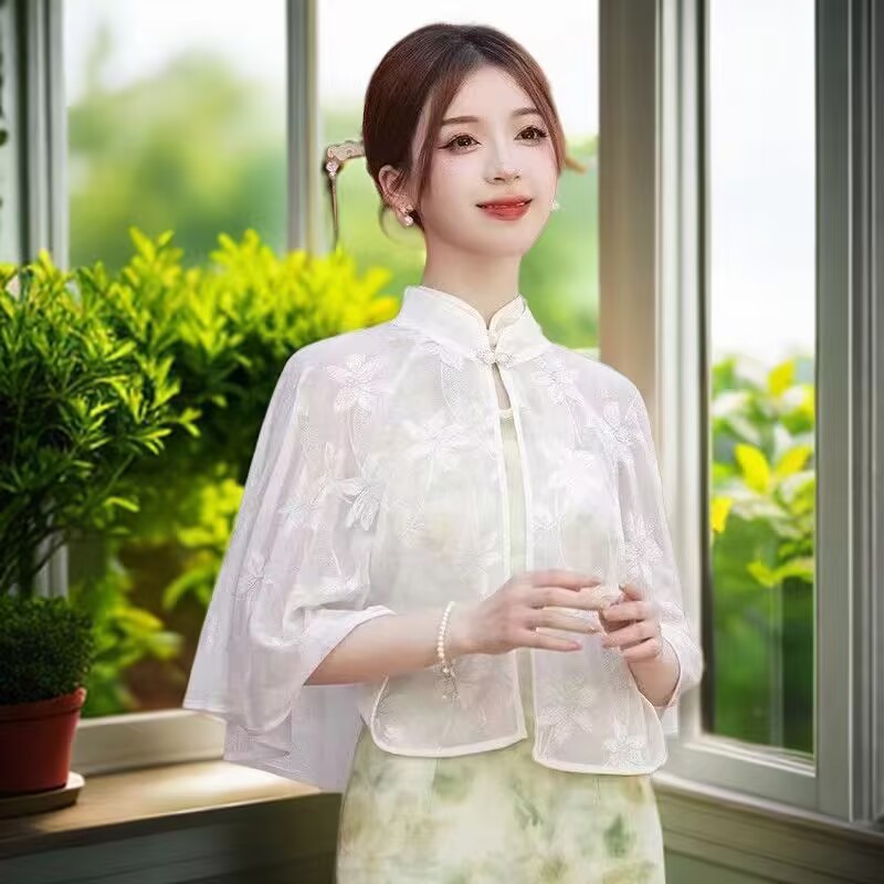 2025 Spring, Autumn and Summer New Cheongsam Shawl Sun Protection Retro Literary Easiest for Match Summer Jacket Cloak Cardigan Matching