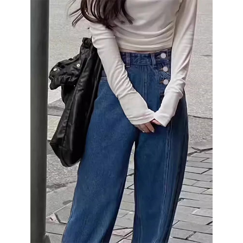 Shenzhen 2025 New Nanyou Women's European Style Dark Blue Asymmetric Button High-Waisted Straight Wide-Leg Jeans for Women Shenzhen 2025 New Nanyou Women's European Style Dark Blue Asymmetric Button High-Waisted Straight Wide-Leg Jeans for Women