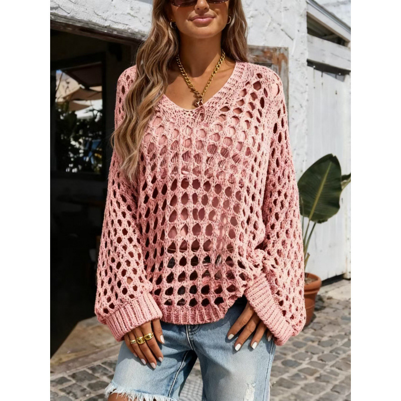 Cross-border European and American style hollow fishnet knit cardigan for women, 2026 summer, casual loose V-neck bell-sleeve knit top