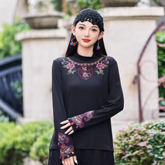 2025秋季款民族风刺绣国风打底衫女新中式套头高领气质T恤衫上衣
