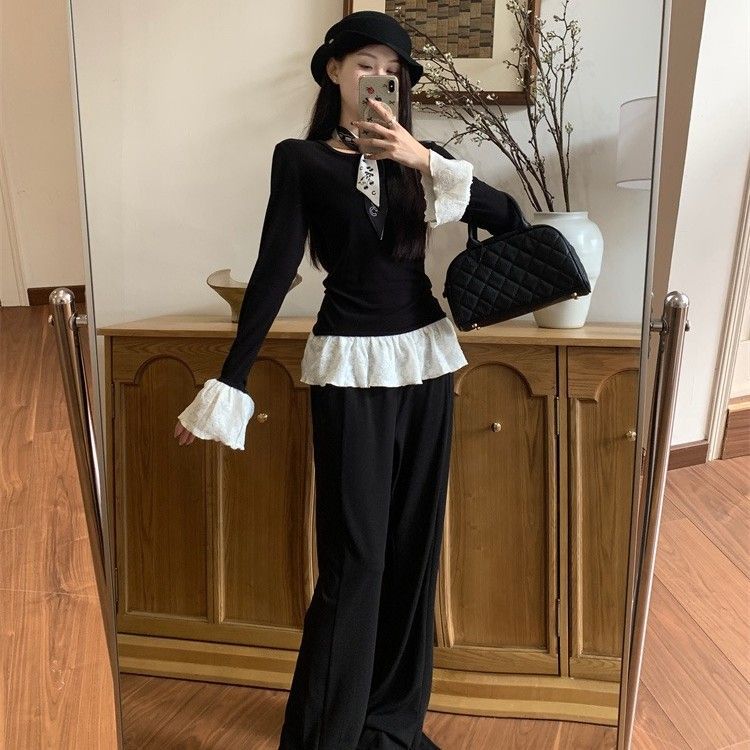 韩系复古假两件蕾丝拼接长袖T恤女秋季小众修身内搭打底洋气上衣