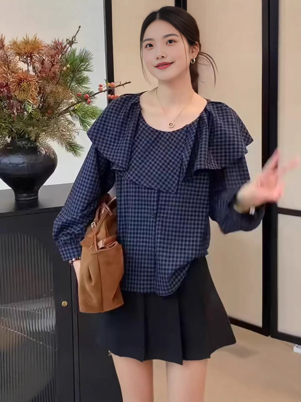 2025秋季新款法式复古格子荷叶边衬衫女设计感小众别致长袖上衣女|undefined