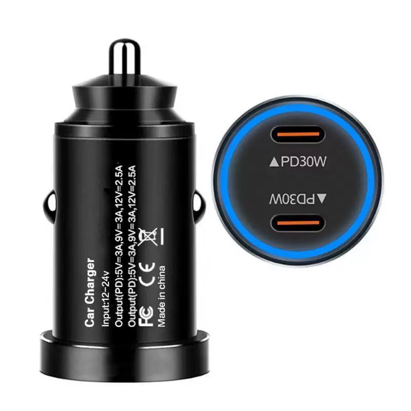 Миниатюрное металлическое двухканальное автомобильное зарядное устройство PD30W для быстрой зарядки, скрытая установка, автомобильный флиш-зарядник