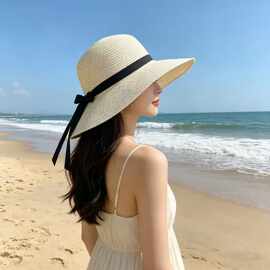 夏季地摊帽子大人草帽女夏天沙滩海边休闲花朵大檐可折叠太阳帽