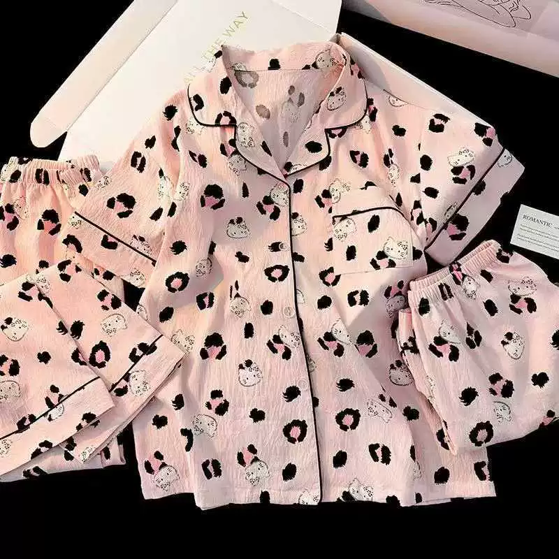 Прямая трансляция, свободные пижамы большого размера для женщин, летняя милая студенческая хлопковая домашняя одежда с короткими рукавами, брюки, комплект из трех предметов