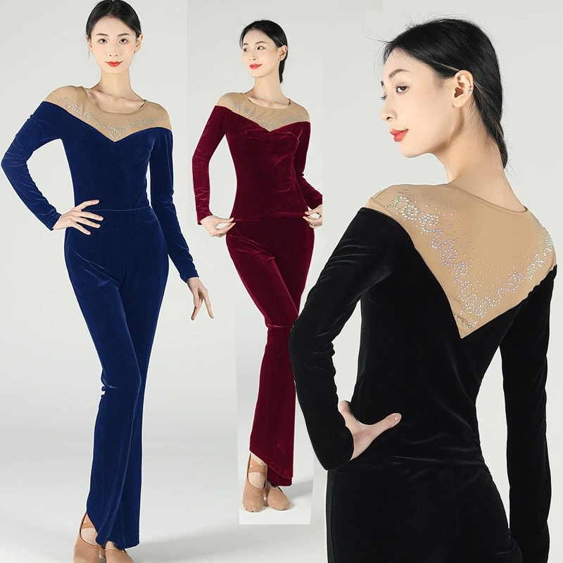 Золотой бархатный танцевальный Топ тренировочная одежда квадратный танец новая одежда черный длинный рукав танцевальная одежда Тренировка Тела женщины