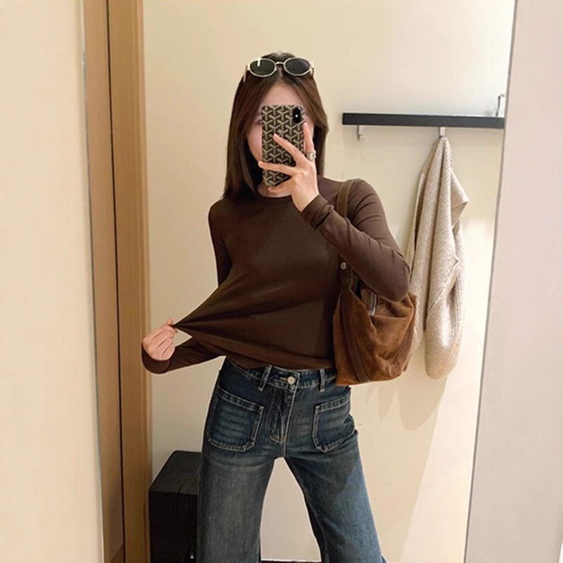 American-Style Coffee-Colored Long-Sleeve T-Shirt for Women, New Autumn Korean-Style Solid Color Slim-Fit Round-Neck Base Shirt