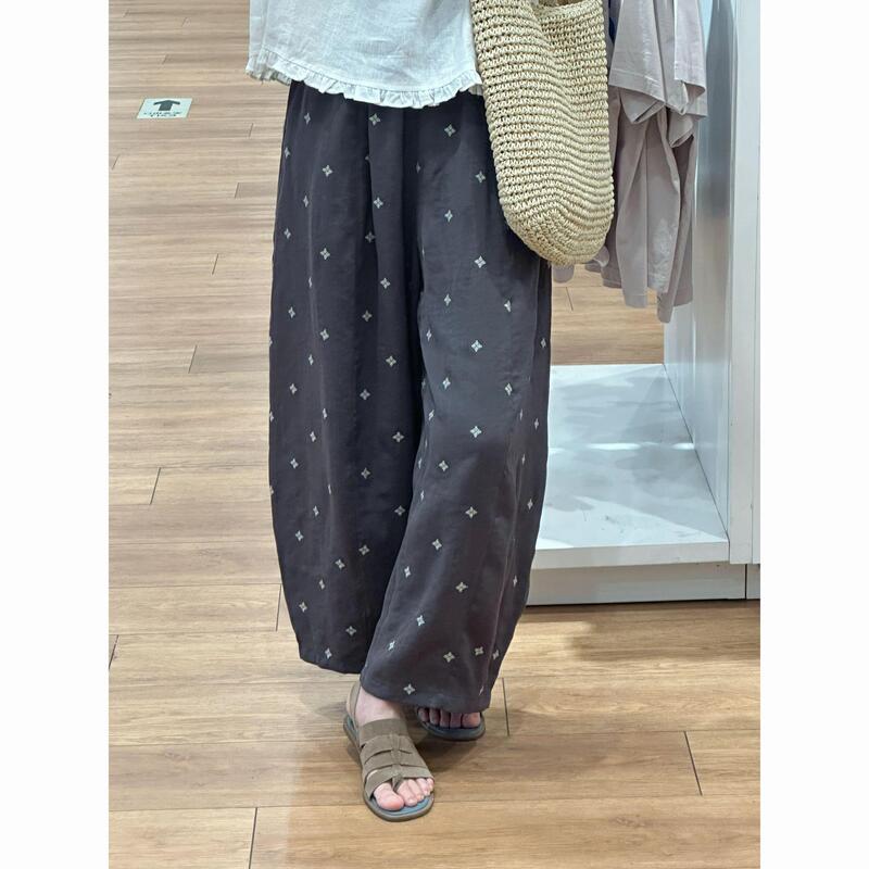 Ice Silk Feel! 2025 Summer Embroidered Linen Wide-Leg Pants for Women, Thin White Cropped Pants, Gray Cropped Pants