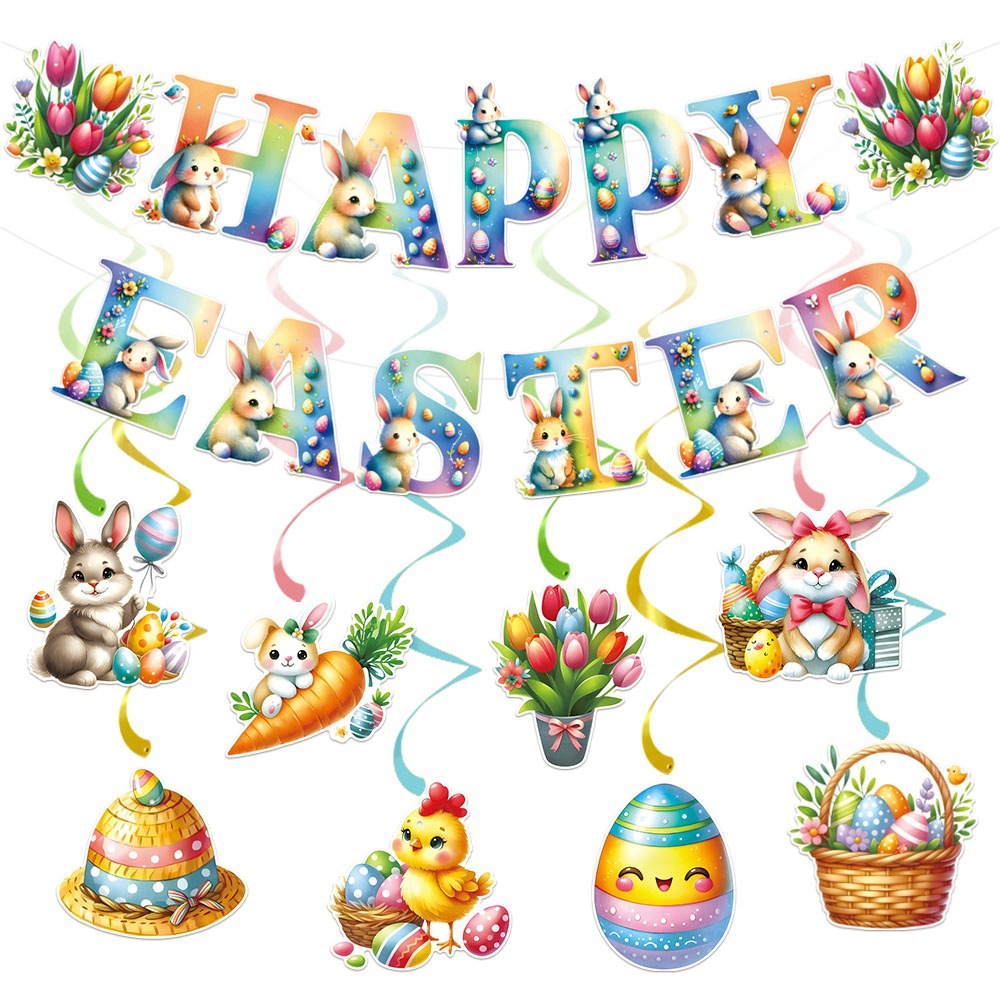 Nuevo banner de fiesta de Pascua espiral Happy Easter banner conejo espiral decoración de conejo de Pascua