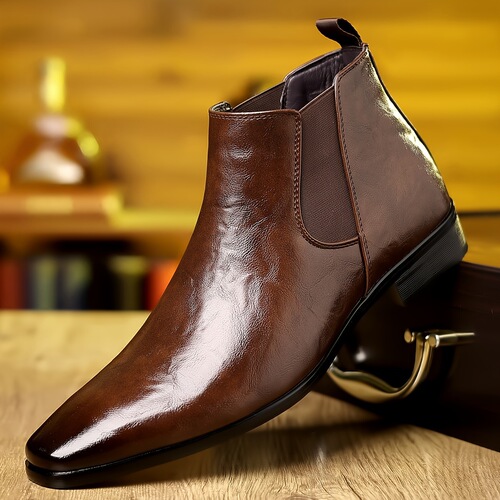 British pointed toe short boots with soft leather, breathable lychee pattern, high-top men's Korean version casual one-piece Chelsea boots